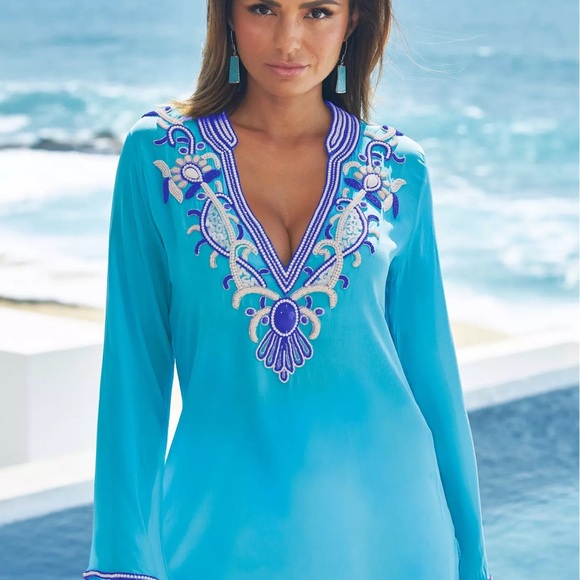 Boston Proper Aqua and Indigo Embroidered Tunic - Picture 4 of 7
